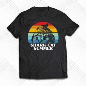 Shark Cat Summer Beach Vibes Graphic Animal Humor Funny Casual T-Shirt 159